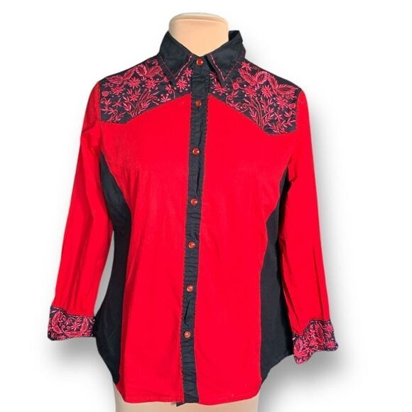 Vintage Collection Red Black Dark Floral Embroidered Long Sleeve Western Shirt - Picture 1 of 10